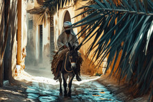 A Man Rides A Donkey Along The Street Of The Old City, Palm Leaves In The Right Corner Of The Frame, A Card Or Banner For Palm Sunday