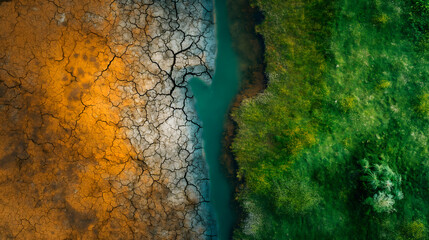  Imagen aérea de un terreno fértil con prados verdes y otra zona de tierra seca y quemada como símbolo del cambio climatico
