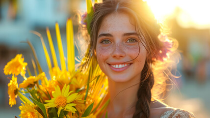 Wall Mural - Smiling young woman holding palm branches and spring flowers in her hands, bright sun behind her head, postcard for Palm Sunday