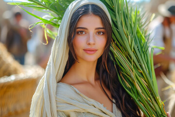 Wall Mural - Young beautiful woman holding palm branches against the background of the old city on Palm Sunday