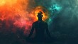 silhouette of a man meditation on colorful space nebula background