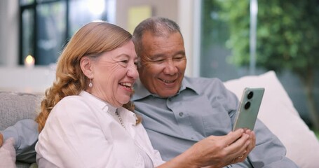 Poster - Home, senior couple and cellphone with video call, digital app and social network in a living room. Pensioner on a couch, elderly woman and old man with a smartphone, mobile contact or communication