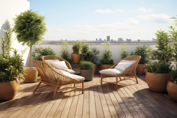 Cozy outdoor roof terrace with armchairs and potted plants