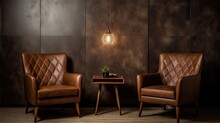 A Leather Chair Stands Next To A Wooden Table And Lamp. Cozy Interior Design. Illustration For Cover, Card, Decor, Advertising, Marketing Or Presentation.