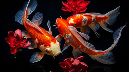 Wall Mural - Koi fish background, red and black, beautiful tail , Generate AI