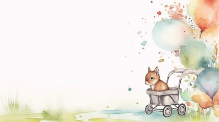 copy space, birthday card in watercolor style, pastel colors, sweet pram in some grass with a bird a