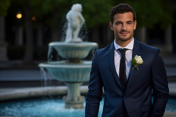 Wall Mural - man in a blue tuxedo stands in front of a large fountain