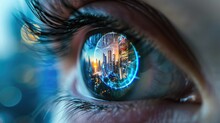 Closeup Of Human Eye With Future Augmented Reality Contact Lenses Showing A Futuristic User Interface In The Eye. Advanced Technology Of The Future.