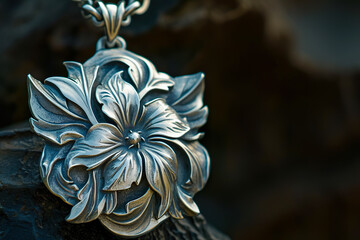 Wall Mural - close-up of a silver brooch, with a floral design etched into the metal