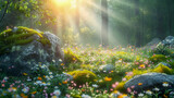 Fototapeta Natura - Sunlit glade with flowers