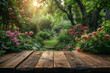 wooden table and flowers in garden, spring time, copy space