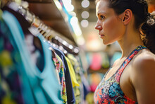 Fitness Enthusiast Surveys A Rack Of Athletic Wear, Her Eyes Drawn To The Vibrant Patterns And Moisture-wicking Fabrics