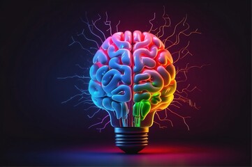 creative neon color brain lightbulb on dark background