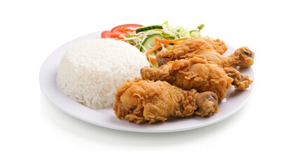 Wall Mural - A white plate topped with fried chicken and rice.