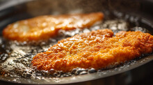 Process Of Frying Delicious Authentic Breaded Wiener Schnitzel In Hot Sizzling Butter Ina Pan.