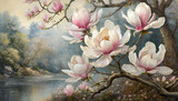 Fototapeta Kwiaty - Piękne, malowane kwiaty Magnolii, obraz, tapeta, dekoracja. Generative AI