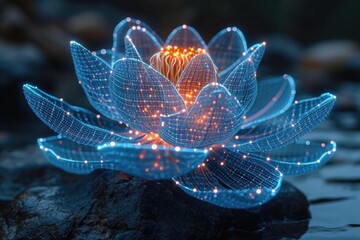 Sticker - A glowing blue flower sitting on top of a rock.