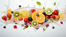 Multivitamin Water Wave Splash With Various Fruit Peppermint Leaves And Ice Cubes Isolated On White Background , Generate AI