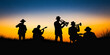 © guguart - Silhouette of a group of playing music in the middle of a meadow in the beautiful evening sun on a mountain top in winter. illustration, music festival, performance, music, celebration, even