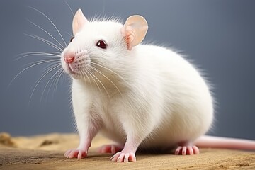 Poster - A white rat sitting on top of a wooden table. Laboratory animal, testing model for research.