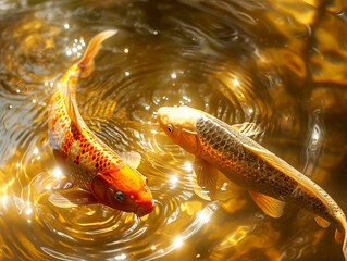 Wall Mural - Golden Koi Fish Swimming in Sunlit Waters created with Generative AI technology