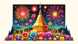 Fototapeta Londyn - Illustration of golden temple with flowers and fireworks for celebration in chiang mai.