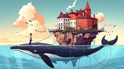 Wall Mural - A whale floating in the ocean with a house on top of it.