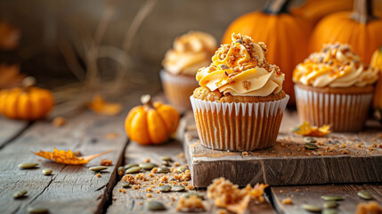 Pumpkin cupcakes with crumbs and seeds on a rustic wooden table