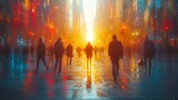 Fototapeta Londyn - city center with people in walking in blurred motion