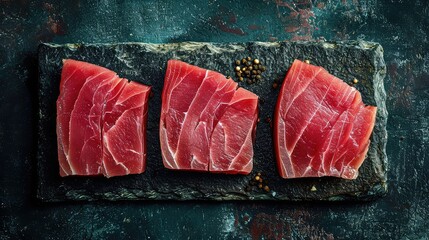 Wall Mural - Close up of fresh raw tuna fillet steak and sashimi on wooden board background, delicious food for dinner
