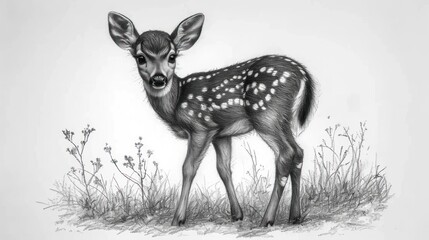 Wall Mural -  a black and white drawing of a young deer standing in a field with tall grass and wildflowers in the foreground, with its mouth open wide open wide open.