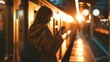 Happy woman standing holding smartphone at train station or metro