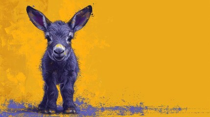 Poster -  a painting of a baby donkey standing in front of a yellow and blue background with a yellow spot at the bottom of the picture and bottom half of the donkey's head.