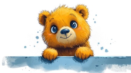 Poster -  a brown  bear sitting on top of a blue ledge with his paws on the edge of the edge of the edge of the wall, with a white background. 