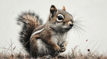 Wall Mural -  a close up of a squirrel standing on its hind legs with its front paws on it's hind legs, with a blurry background of grass and a white wall.