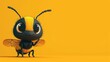  a cute little bee with big eyes standing in front of a yellow background with a black and yellow stripe on it's chest and a black and yellow stripe on it's chest.