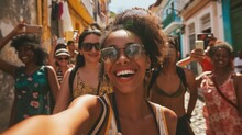Multiracial Selfie With Friends Walking On City Street, Young People Having Fun, Teenagers Laughing At Camera, Friendship And Tourism Concept