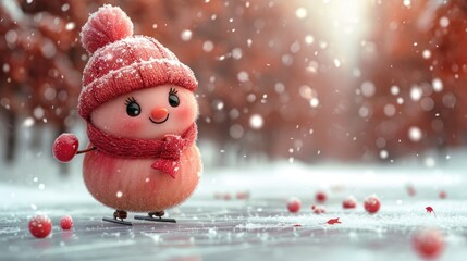 Poster -  a small red bird wearing a red scarf and a red hat with a red pom - pom on it's head is standing in the snowing.