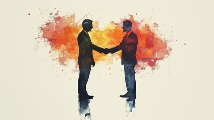 two silhouetted figures shaking hands against a backdrop of bright and abstract watercolor splashes. The contrast between dark silhouettes and bright colors creates a dynamic and energetic mood