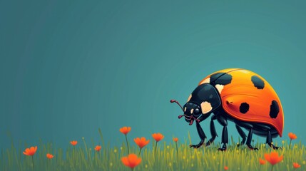 Poster -  a ladybug sitting on top of a grass covered field next to a red and black bug on top of a green grass covered field with red and orange flowers.