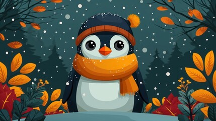 Poster -  a penguin wearing a hat and scarf standing in the snow in front of a forest filled with trees and leaves with falling leaves on the ground and falling from the branches.