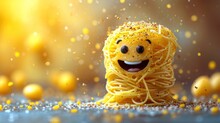  A Yellow Spaghetti With A Smiley Face On Top Of It, Surrounded By Yellow Balls Of Thread And Sprinkled With Gold Flecks, On A Blue Surface.