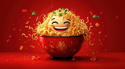 Wall Mural -  a bowl of ramen with a happy face on top of it, surrounded by confetti and confetti sprinkles, on a red background.