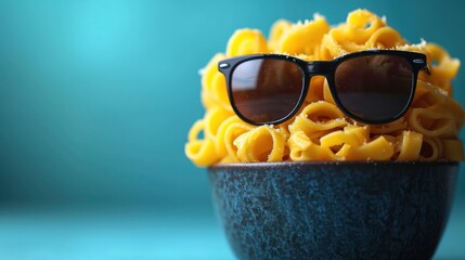 Wall Mural -  a bowl of noodles with a pair of sunglasses sitting on top of it in front of a blue background with a blue wall behind the bowl and a blue wall in the background.