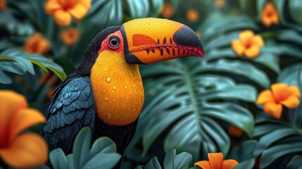 Poster -  a colorful toucan bird sitting on top of a lush green leaf covered field with orange and yellow flowers in front of a lush green leafy plant filled with lots of leaves.