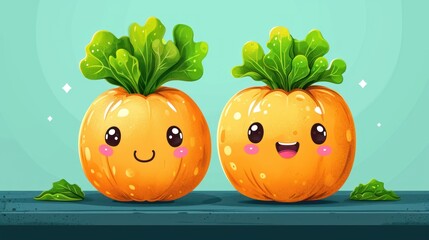 Wall Mural -  a couple of oranges sitting next to each other on top of a blue surface with green leaves on top of them and a smiling face on top of them.