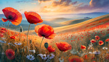 Fototapeta Fototapety do pokoju - Impresyjny obraz, górzysty krajobraz z kwiatami czerwonych maków