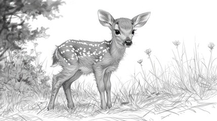 Poster -  a black and white drawing of a baby deer standing in a field with tall grass and flowers in the foreground, with a tree and bushes in the background.