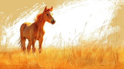 Wall Mural -  a painting of a horse standing in a field of tall grass in front of a yellow sky with a white spray of paint on the top of the horse's head.