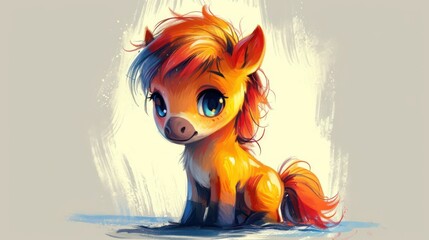 Wall Mural -  a little pony sitting on top of a floor next to a painting of it's face with blue eyes and a long tail, with orange hair, on a white background.